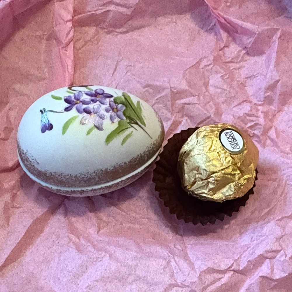 Hand-Painted Floral Egg Trinket Box in White and Purple